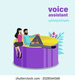 Smart home speaker surrounded by tiny people, sound waves. flat vector illustration.