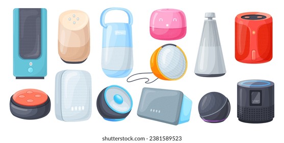 Smart home speaker. Wireless speakers connected voice assistant control, room audio system interacting network, iot loudspeaker listening sound command, vector illustration of wireless device smart