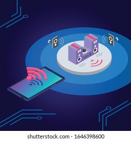 Ilustración vectorial de color isométrico del sistema estéreo doméstico inteligente. Control remoto del volumen de música. Altavoces y la conexión inalámbrica de la aplicación para smartphones Concepto 3d aislado en fondo azul