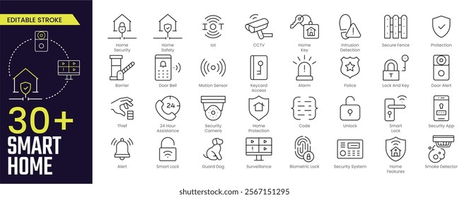 Smart Home Stroke icon collections. Containing alarm, surveillance, lock, CCTV, thief, key, intrusion detection, guard dog and more icons. Editable Stroke icon collection Outline icon