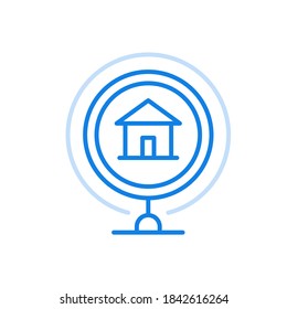 
Icono de línea vectorial de símbolo de inicio inteligente. Tecnologías en línea modernas con el concepto de automatización completa. Casa en doble círculo en el estrado. Poderoso sistema de control remoto y completa autonomía.