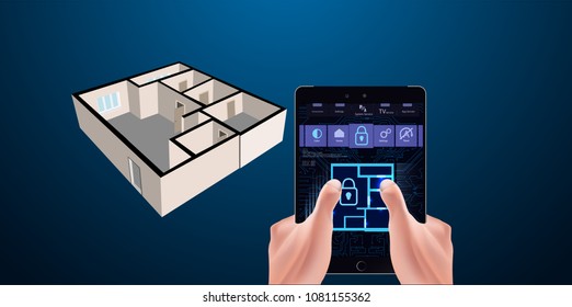  Smart home system application interface.  Hand touching on tablet screen. Control locks doors and windows over internet of things with tablet application. Security Home System