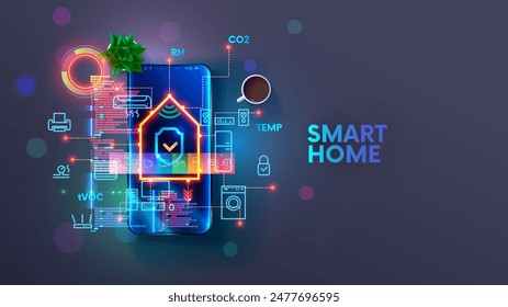 Aplicación del sistema casero inteligente en el teléfono inteligente de la pantalla. Personalización de dispositivos de automatización, sensores, hub de casa inteligente. Telefonía por internet de los mandos a distancia de electrodomésticos. Red doméstica de desarrollo de IOT.