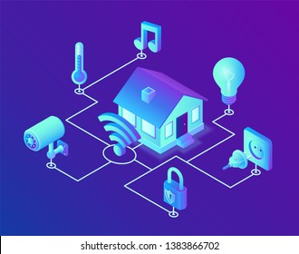 Concepto de sistema doméstico inteligente. Sistema de control remoto isométrico 3D. Concepto IOT. Conexión doméstica inteligente y control con dispositivos a través de la red doméstica. Internet de las cosas. Ilustración vectorial.