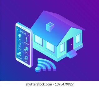 Smart home system concept. 3D isometric remote house control system. IOT concept. Smart home connection and control with devices through home network. Internet of things. Vector illustration.