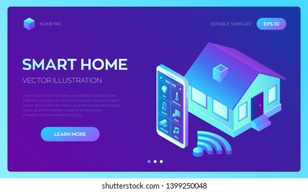 Smart home system concept. 3D isometric remote house control system. IOT concept. Smart home connection and control with devices through home network. Internet of things. Vector illustration.