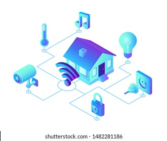 Smart home system concept. 3D isometric remote house control system. IOT concept. Smart home connection and control with devices through home network. Internet of things. Vector illustration.