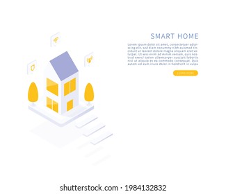 Concepto de sistema doméstico inteligente en ilustración vectorial isométrica. Página de inicio isométrica del hogar inteligente. Ilustración vectorial.