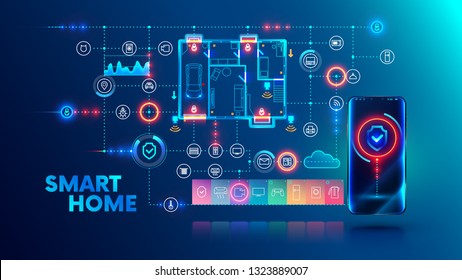 Smart home system concept. Phone controls house appliances and security via wireless network communication. Internet of things technology background with smartphone, icons devices, plan building.