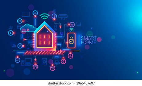 Smart home system concept. Phone controls works, safety of smart devices in house. Smartphone app of monitoring, setting of algorithm autonomous works of household appliances. Internet of things. IOT.