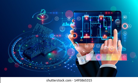 Smart home system concept. tablet controls domestics appliances via internet of things applications. Abstract Digital House connection with mobile device. Home electronics automation, security, iot.