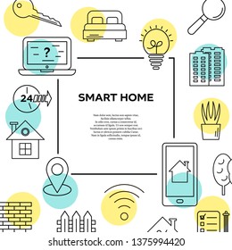 Smart home system concept with thin line interior icons and place for text. Vector illustration in modern outline style suitable for web, banners, templates.