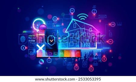 Smart home system design concept. Phone controls Smart home. Smart home development infrastructure house. IOT system engineering. Icons devices in network of building. Internet of things. Blueprint.
