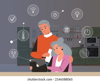 Smart home system develop and IOT system. Elderly couple holding remote home control system on a digital tablet. Grey-haired pensioner in eyeglasses helping his wife with new smartphone app, hugging.