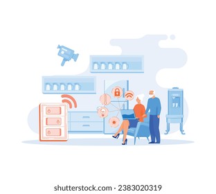 Smart home system develop and IOT system. Elderly couple holding remote home control system on a digital tablet. flat vector modern illustration
