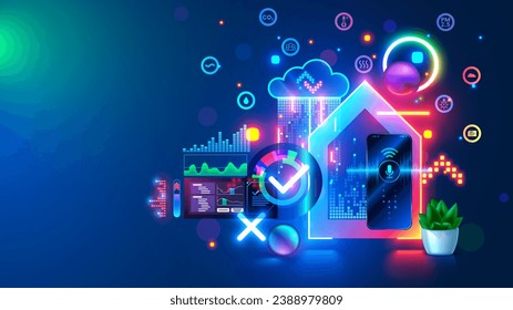 Smart home system development concept. IOT phone application setting. Programming scenarios for operation of smart home system. IOT devices in network of house. Cloud computing of internet of things.