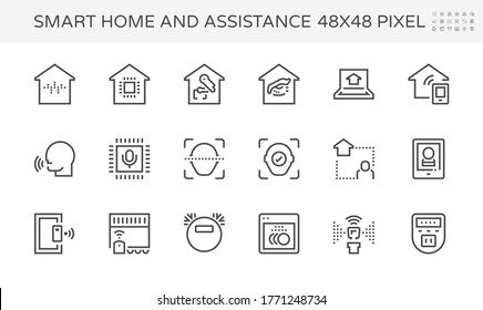 Smart home system and digital technology vector icon set. Consist of voice assistant or recognition, security and automation. To monitoring and control by remote, ai, app in mobile or smartphone.