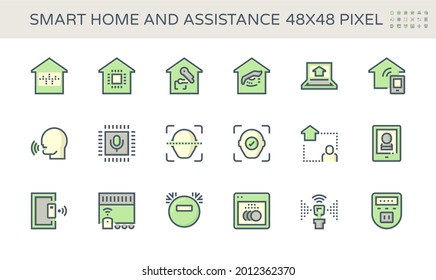 Conjunto de iconos de vectores de sistemas domésticos inteligentes y tecnología digital. Consiste en un asistente de voz o reconocimiento, seguridad y automatización. Para monitorear y controlar por control remoto, ai, aplicación en móvil o smartphone.