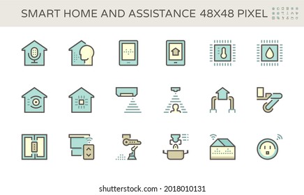 Smart home system and digital technology vector icon set. Consist of voice assistant or recognition, security and automation. To monitoring and control by remote, ai, app in mobile or smartphone.