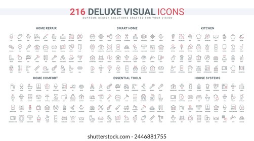 Smart home system, electrical appliances and modern room furniture, repair and maintenance equipment line icons set. Chef tools for cooking in kitchen, thin black and red symbols vector illustration