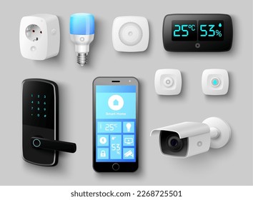 Smart home system icon. Realistic vector control panel, thermostat sensor, socket, light bulb, smartphone, video surveillance camera, technology and application for remote management set