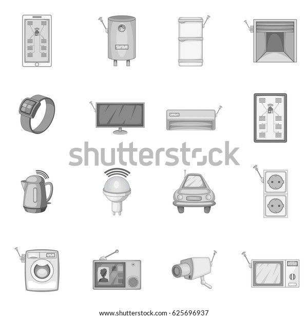 Smart home system icons set in monochrome\
style isolated vector\
illustration