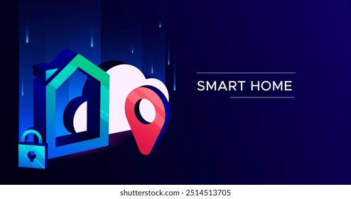 Conceito isométrico do sistema Smart Home. Casas equipadas com dispositivos inteligentes que podem ser controlados remotamente usando um smartphone ou computador. Tecnologia moderna e sofisticada