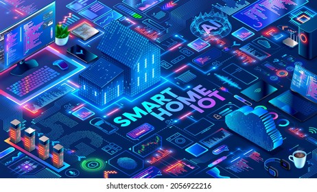 Sistema residencial inteligente con control de automatización de objetos a través de Internet inalámbrico 5g. Desarrollo y programación de casas inteligentes con algoritmos de inteligencia. Concepto isométrico de tecnología residencial inteligente.