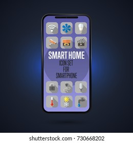 Smart home system on the smartphone. The application for the phone. Function icons. Vector illustration.
