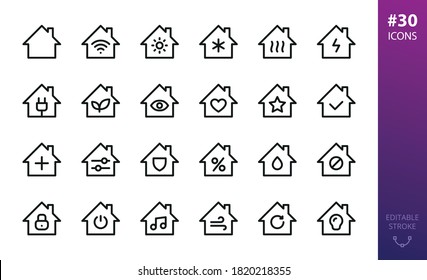 Conjunto de iconos de sistemas domésticos inteligentes. Conjunto de casas pasivas, hogar ecológico, ventilación, electricidad, iluminación, sistema de vigilancia aislado icono vector