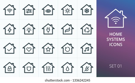 Los iconos de los sistemas domésticos inteligentes están configurados. Conjunto de iconos inteligentes de casas, sistemas inalámbricos, electrificación, iluminación, suministro de agua, calefacción, refrigeración, vectores de seguridad