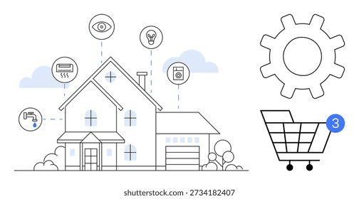 Smart home systems, IoT technology, energy efficiency, security, automation, e-commerce. House connected to smart devices, gear icon shopping cart. Smart home systems and IoT technology visually