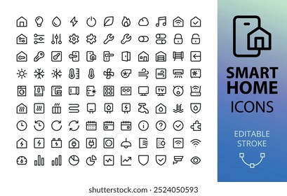 Smart home systems UI icons set. Vector symbols for Home control app with editable stoke