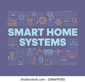 Smart home systems word concepts banner. Security system. Climate control. Wireless technology. Presentation, website. Isolated lettering typography idea with linear icons. Vector outline illustration