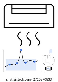 Tecnología inteligente para el hogar, aire acondicionado, eficiencia energética, seguimiento de datos, monitoreo de salud, dispositivos vestibles. Icono de un aire acondicionado, gráfico de temperatura y sensor vestible. Tecnología inteligente para el hogar y aire