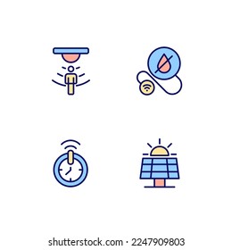 Smart home technologies pixel perfect RGB color icons set. Automated devices. Wireless control. Isolated vector illustrations. Simple filled line drawings collection. Editable stroke