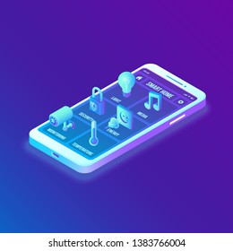 Smart home technology 3D isometric interface on smartphone app screen. Remote home control system on smartphone. User interface of smart home concept. Internet of things, IOT. Vector illustration.