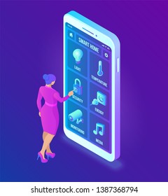 Smart home technology 3D isometric interface on smartphone app screen. Remote home control system on smartphone. User interface of smart home concept. Internet of things, IOT. Vector illustration.