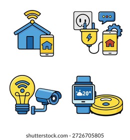 A smart home technology, automation, and security concept with wireless control, energy management, surveillance camera, smart watch, and robotic vacuum cleaner icons