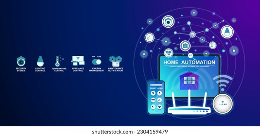 Tecnología para el hogar inteligente, sistema de automatización del hogar, aplicación en smartphone para cámara de seguridad, dispositivo eléctrico o control de dispositivos, programa de infografía para monitorización o administración en edificios