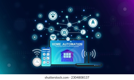 Smart home technology, Home automation system, Application on smartphone for security camera, Electric appliance and Devices control, Infographic program for monitoring or management in the buildings.