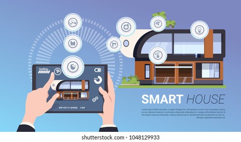 Smart Home Technology Banner With Hands Holding Digital Tablet Device With Control System