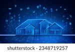 Smart home technology. Building IOT banner. Concept of System intelligent control house on blue neon background. Vector illustration