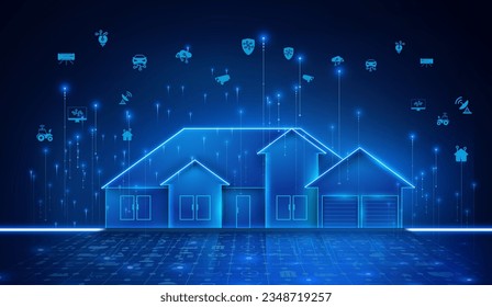 Smart home technology. Building IOT banner. Concept of System intelligent control house on blue neon background. Vector illustration