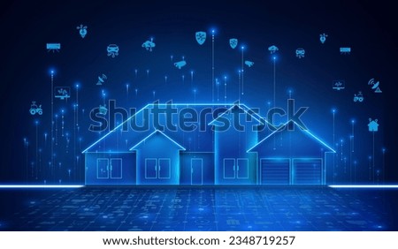 Smart home technology. Building IOT banner. Concept of System intelligent control house on blue neon background. Vector illustration