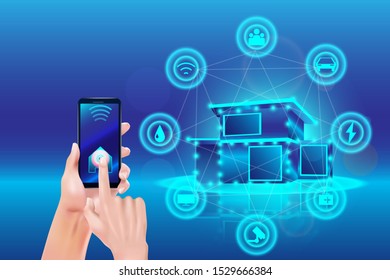 Smart home technology concept. Hand holding smartphone and push power button with iot wireless control   icons electronics on blue background. Vector illustration in 3d style.