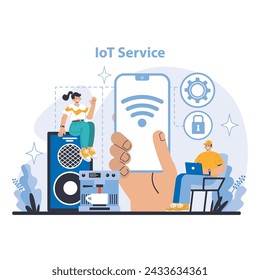Smart Home Technology Concept. Integrated IoT services for connected devices. Enhancing home automation and security. Streamlined control through mobile applications. Flat vector illustration.