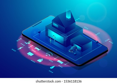 Smart home technology concept. Isometric smartphone and house with iot wireless icons electronics on blue background. Vector illustration in 3d style. - Powered by Shutterstock - Get 15% off with code: PIKWIZARD15