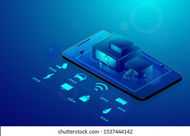 Smart home technology concept. Isometric smartphone and house with iot wireless icons electronics on blue background. Vector illustration in 3d style.