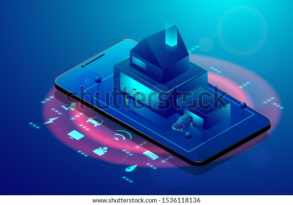 Smart home technology concept. Isometric\
smartphone and house with iot wireless icons electronics on blue\
background. Vector illustration in 3d\
style.